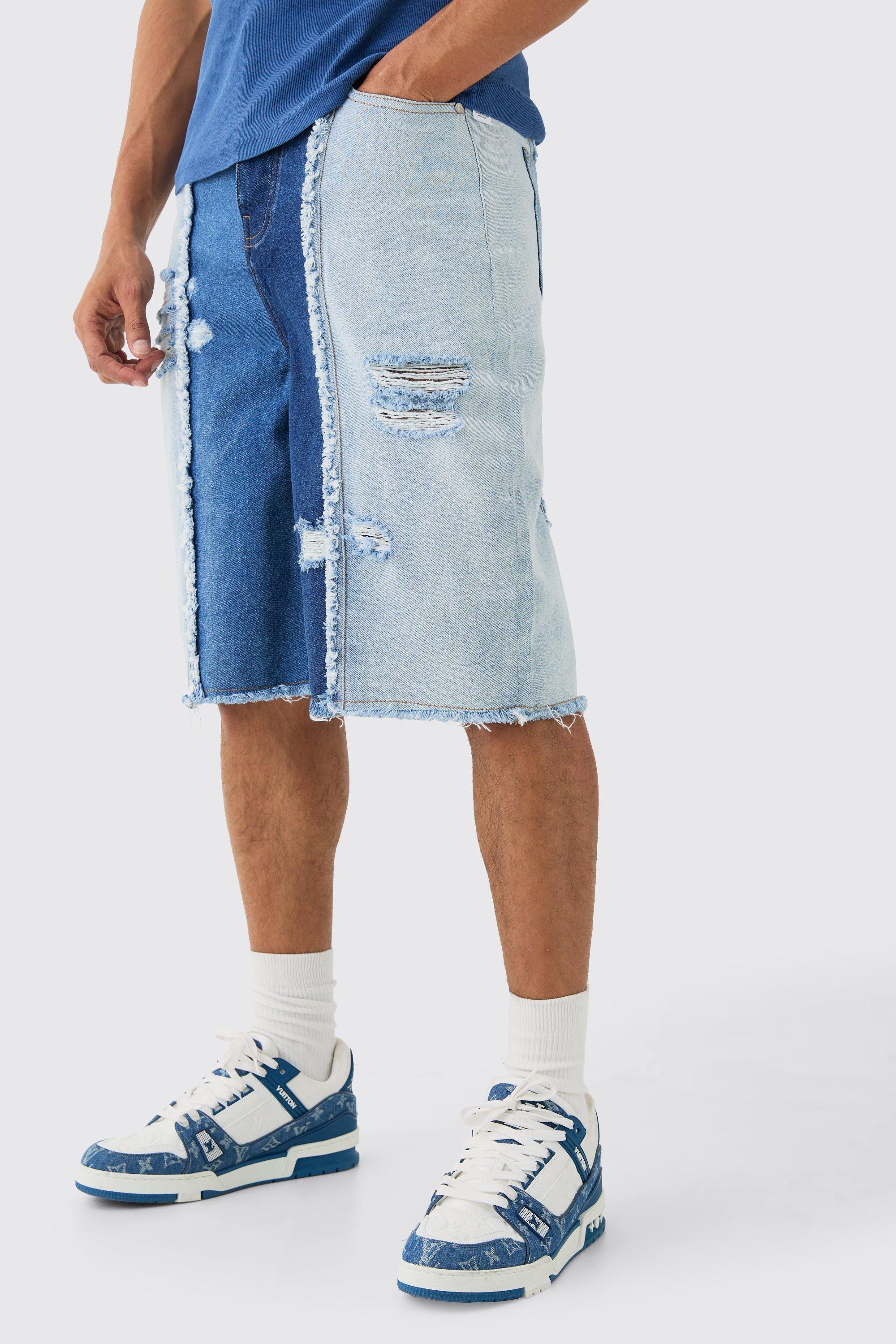 Spliced Distressed Denim Jorts In Blue | boohooMAN USA